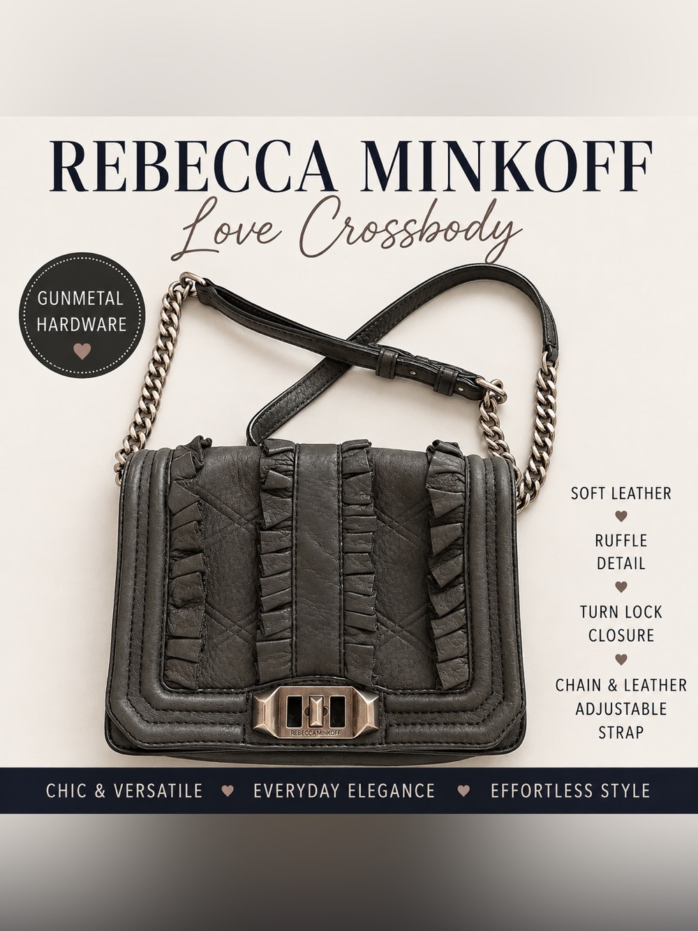 Rebecca Minkoff Love Ruffle Leather Crossbody Bag Gunmetal Chain Black Purse